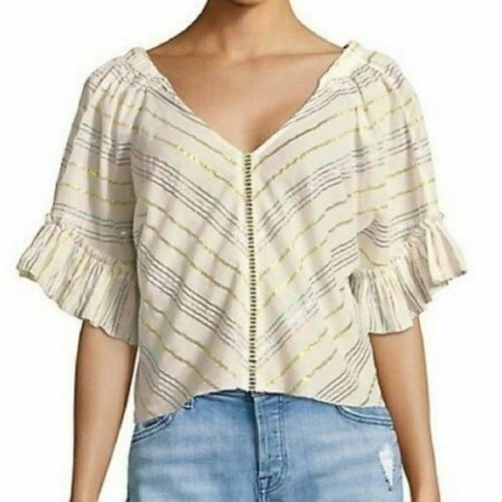 ❤ 3 For $35 Revolve Saylor metallic stripe ruffle crop short sleeve blouse xs